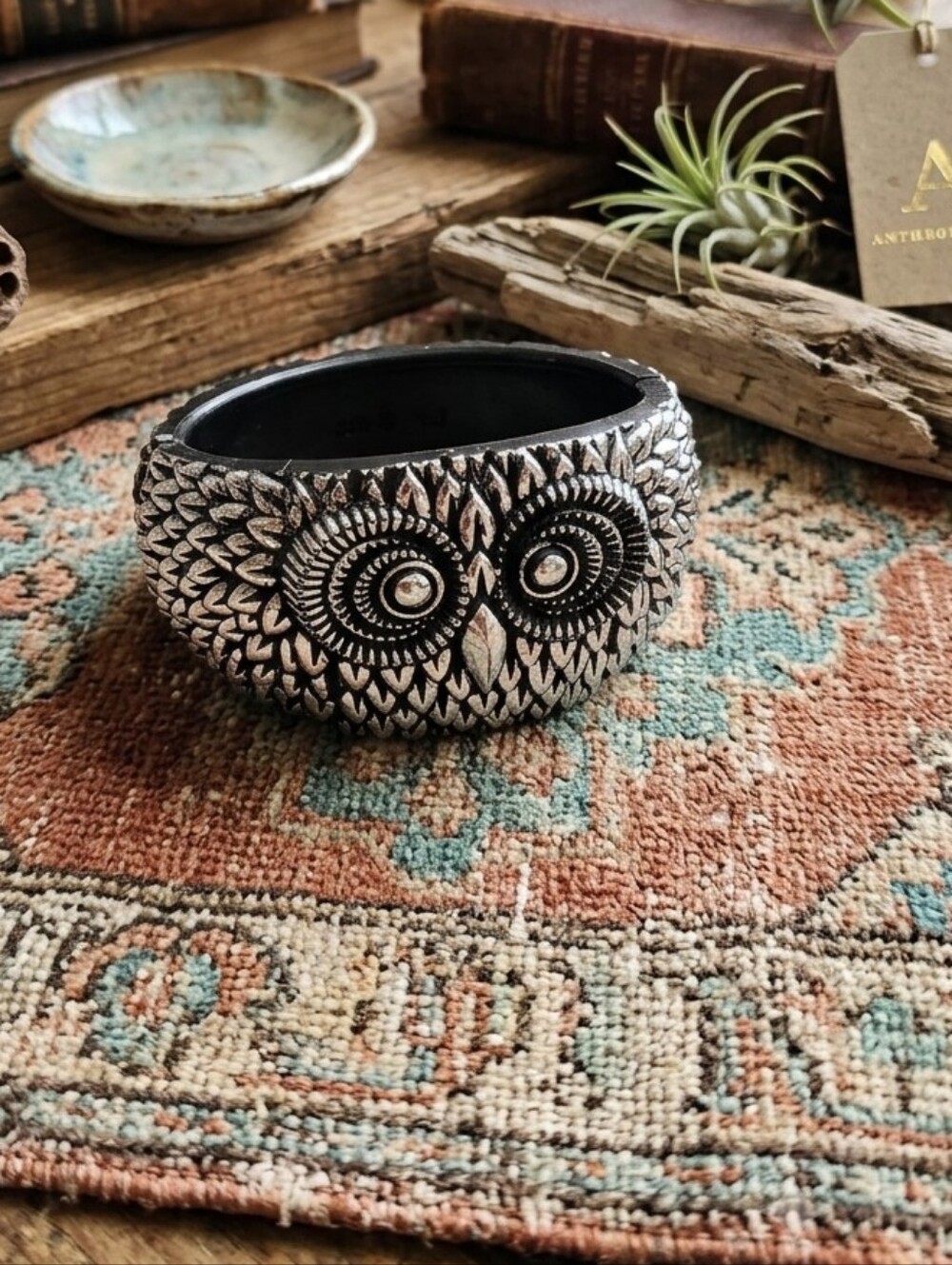 Owl Bangle Bracelet 7.75 inch Wrist Hinged Black Acrylic With Silvertone Accents